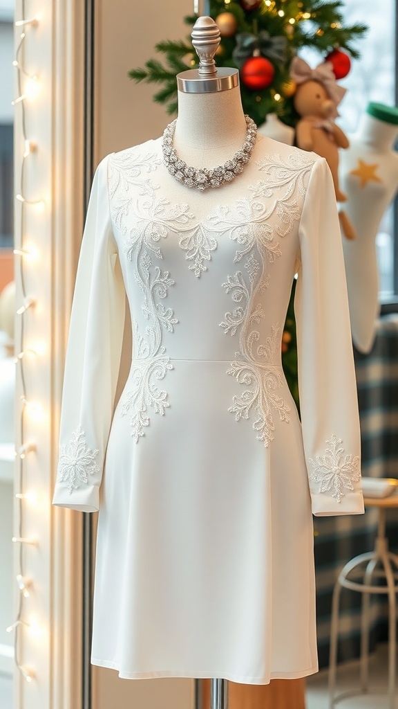 Elegant White Christmas Outfit Ideas Elegant white dress with lace detailing displayed in a festive setting.